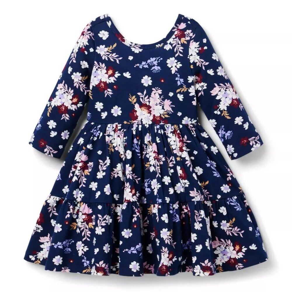 Janie and Jack The Everyday 3/4 Sleeve Dress Size 3 Navy Floral Ruffle Skirt